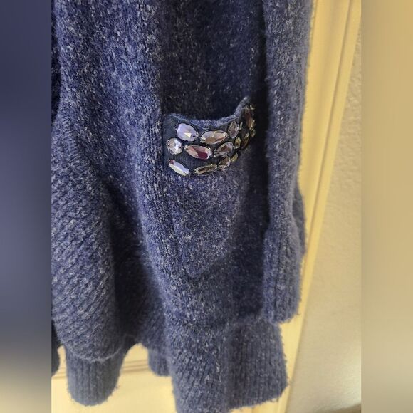 INC International Concepts L Navy Lngslv Ruffles WOOLBlendPockets Women Cardigan - Picture 8 of 10